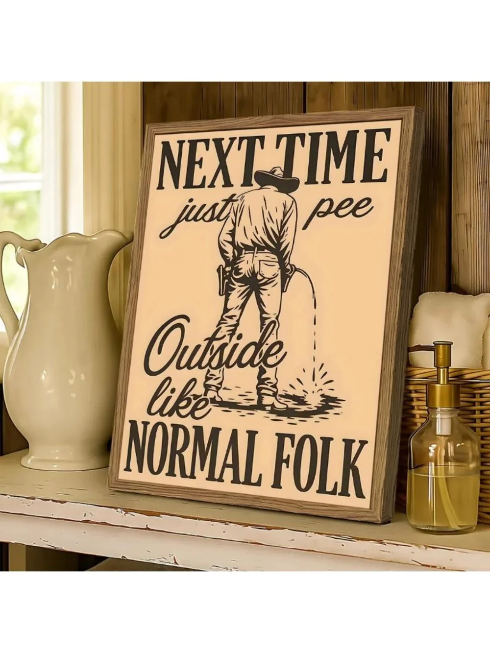 Funny Western Cowboy Bathroom Wall Art - Vintage Southwest Decor, 12x16 Framed